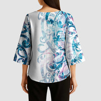 Turquoise Paua Shell Maori Kimono Sleeve Blouse Koru Kowhaiwhai - Polynesian Pride