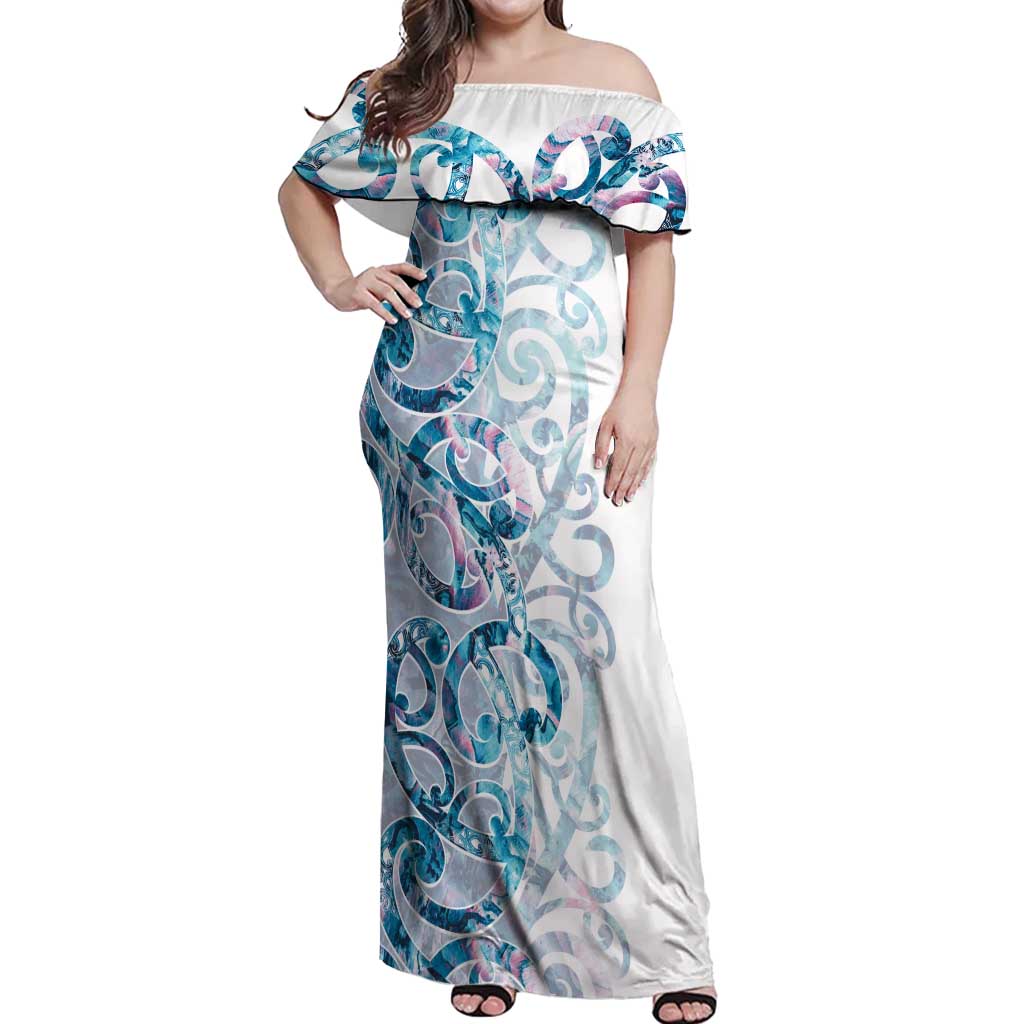 Turquoise Paua Shell Maori Off Shoulder Maxi Dress Koru Kowhaiwhai - Polynesian Pride