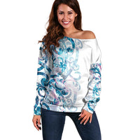 Turquoise Paua Shell Maori Off Shoulder Sweater Koru Kowhaiwhai - Polynesian Pride