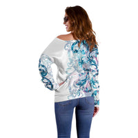 Turquoise Paua Shell Maori Off Shoulder Sweater Koru Kowhaiwhai - Polynesian Pride