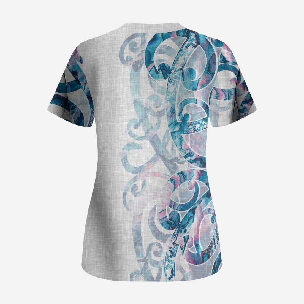 Turquoise Paua Shell Maori Scrub Top Koru Kowhaiwhai - Polynesian Pride