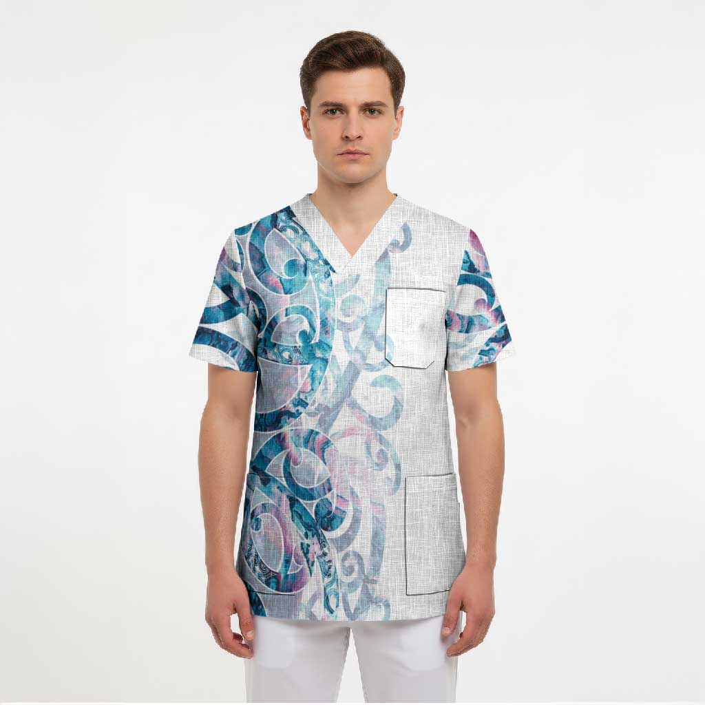Turquoise Paua Shell Maori Scrub Top Koru Kowhaiwhai - Polynesian Pride