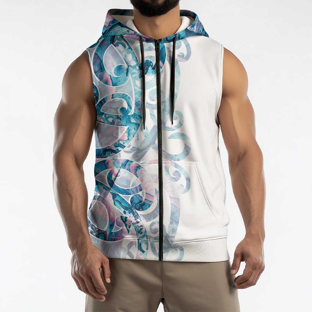 Turquoise Paua Shell Maori Sleeveless Zip Hoodie Koru Kowhaiwhai - Polynesian Pride