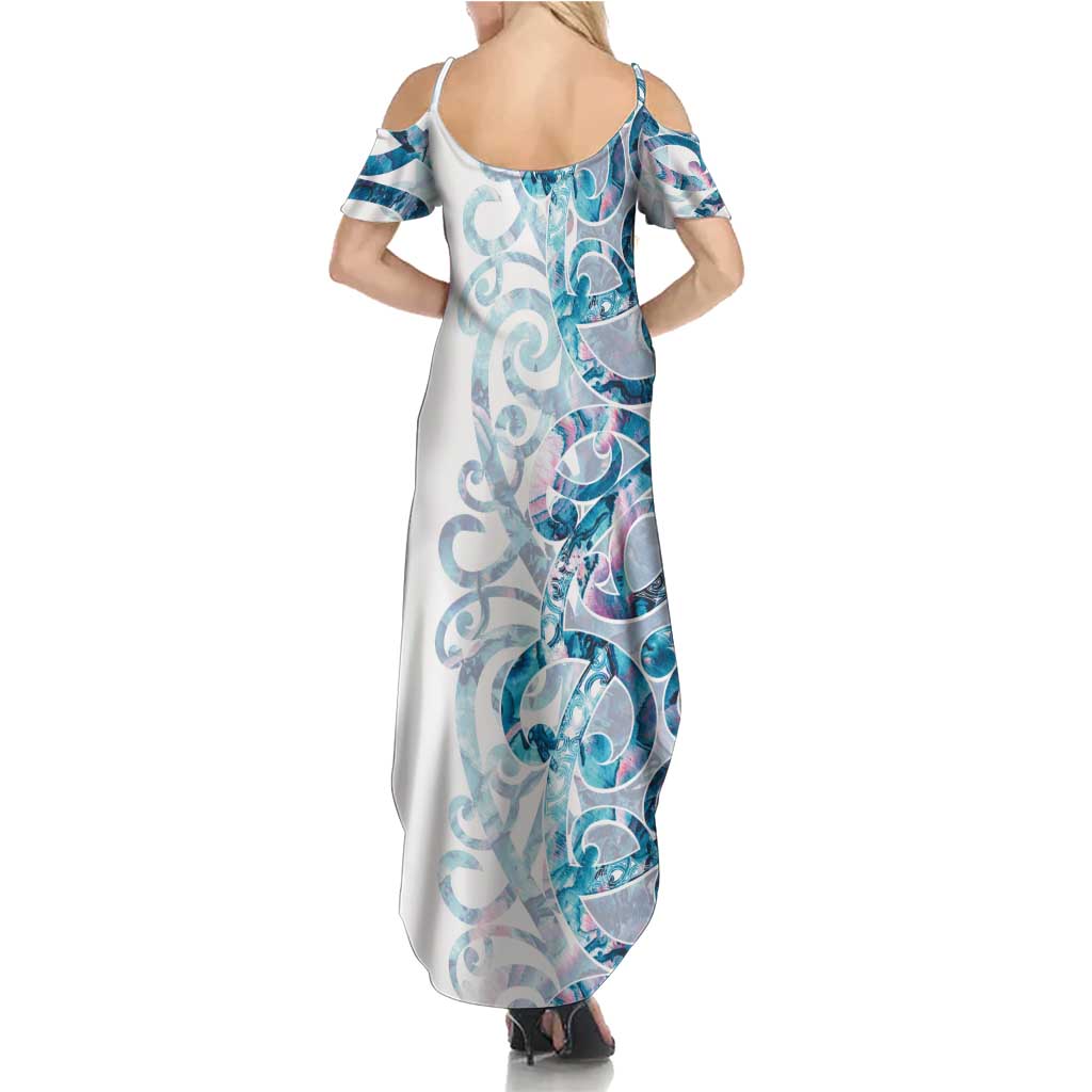 Turquoise Paua Shell Maori Summer Maxi Dress Koru Kowhaiwhai - Polynesian Pride