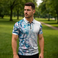 Turquoise Paua Shell Maori Zipper Polo Shirt Koru Kowhaiwhai - Polynesian Pride