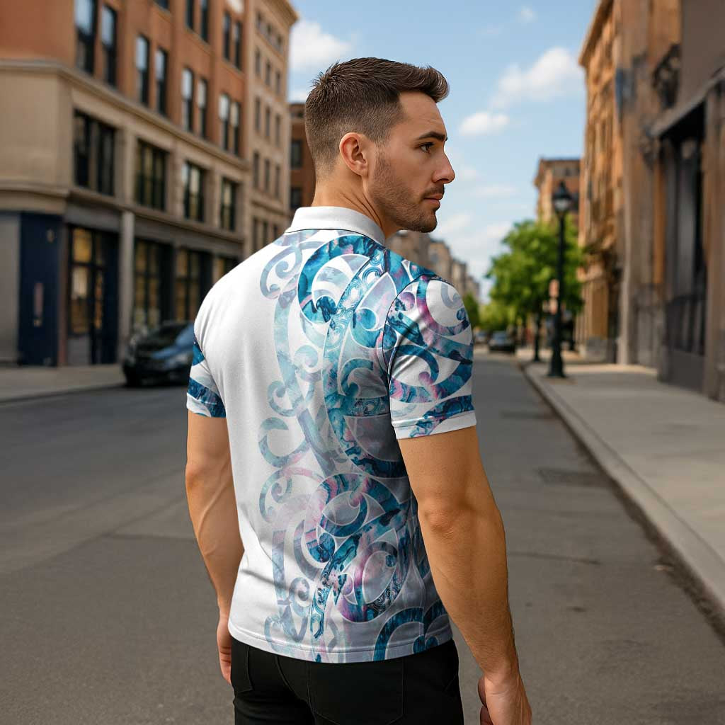 Turquoise Paua Shell Maori Zipper Polo Shirt Koru Kowhaiwhai - Polynesian Pride