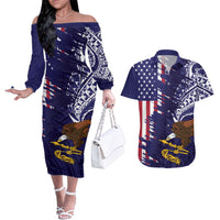 American Samoa Mix US Couples Matching Off The Shoulder Long Sleeve Dress and Hawaiian Shirt Flag Day Grunge Style LT7 Blue - Polynesian Pride