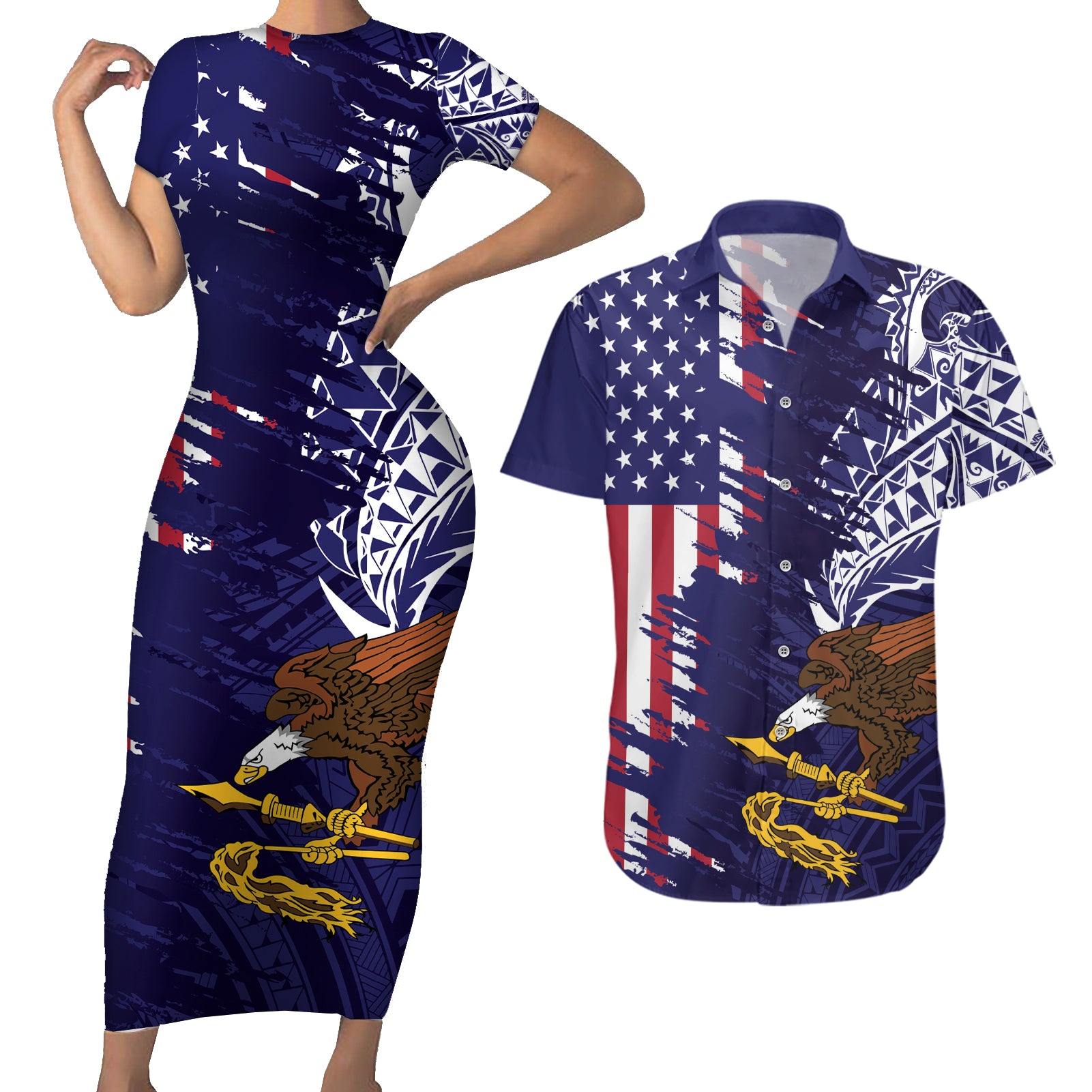 American Samoa Mix US Couples Matching Short Sleeve Bodycon Dress and Hawaiian Shirt Flag Day Grunge Style LT7 Blue - Polynesian Pride