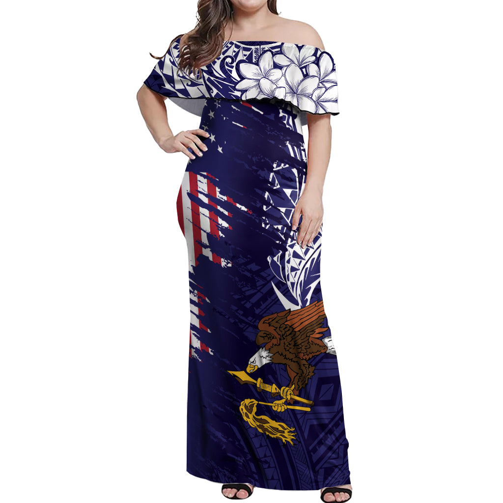 American Samoa Mix US Off Shoulder Maxi Dress Flag Day Grunge Style LT7 Women Blue - Polynesian Pride