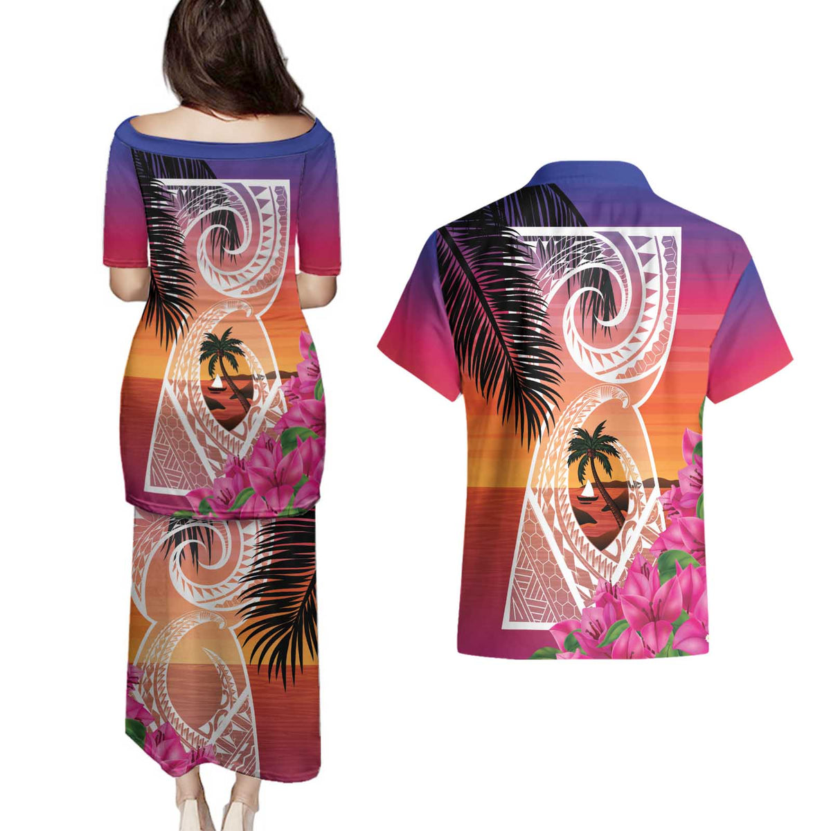 Guam Chamorro Couples Matching Puletasi and Hawaiian Shirt Artsy Latte Stone