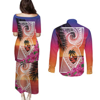 Guam Chamorro Couples Matching Puletasi and Long Sleeve Button Shirt Artsy Latte Stone