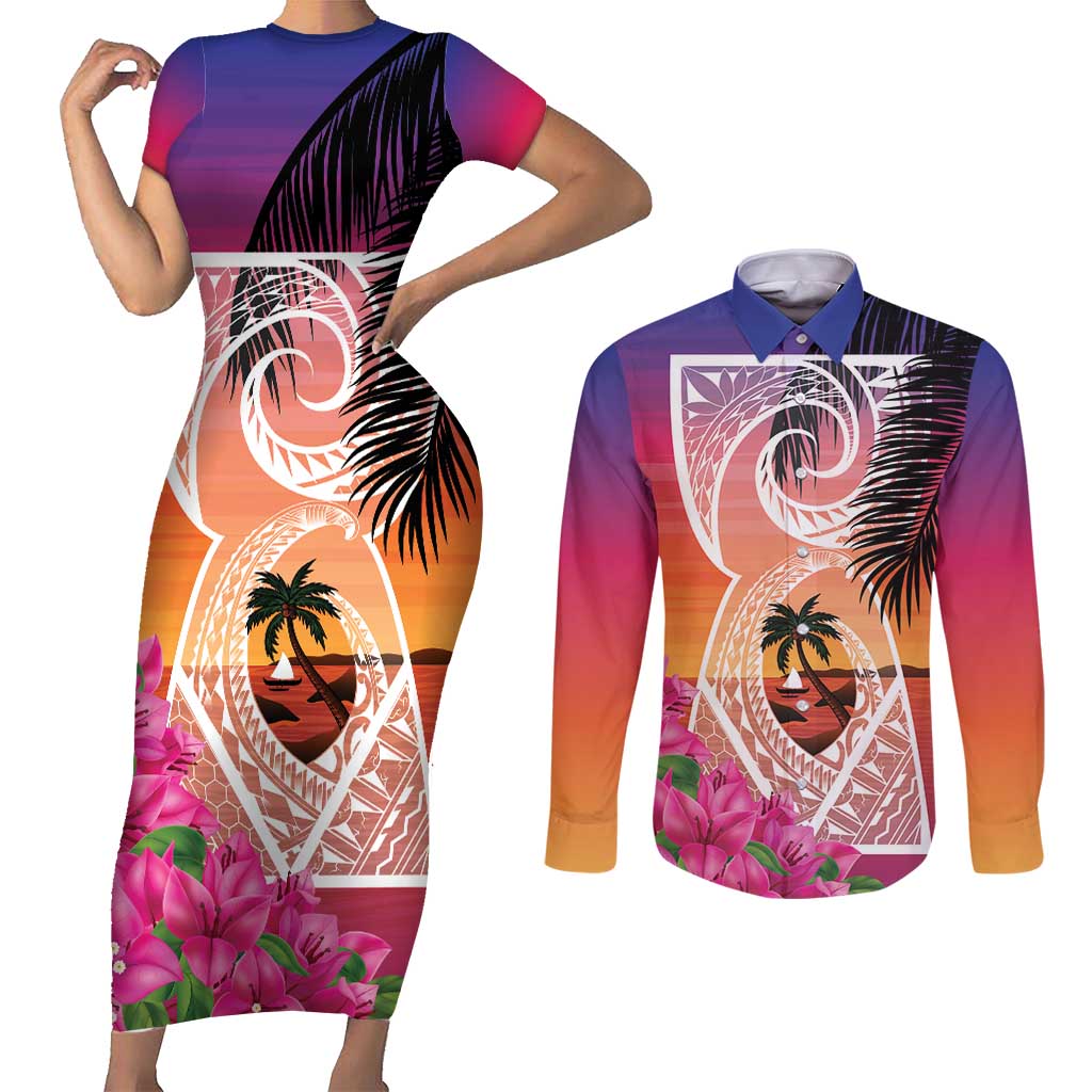 Guam Chamorro Couples Matching Short Sleeve Bodycon Dress and Long Sleeve Button Shirt Artsy Latte Stone