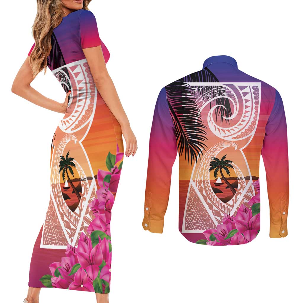Guam Chamorro Couples Matching Short Sleeve Bodycon Dress and Long Sleeve Button Shirt Artsy Latte Stone