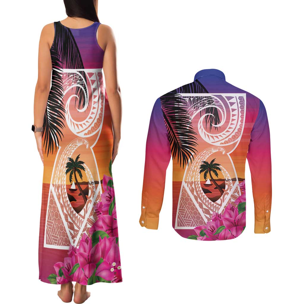 Guam Chamorro Couples Matching Tank Maxi Dress and Long Sleeve Button Shirt Artsy Latte Stone