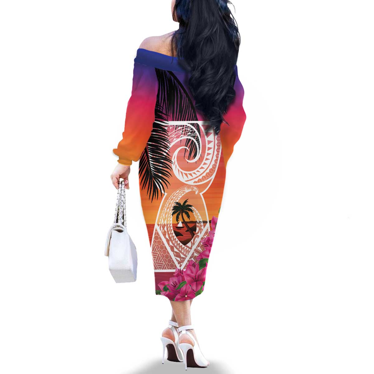 Guam Chamorro Family Matching Off The Shoulder Long Sleeve Dress and Hawaiian Shirt Artsy Latte Stone LT7 - Polynesian Pride