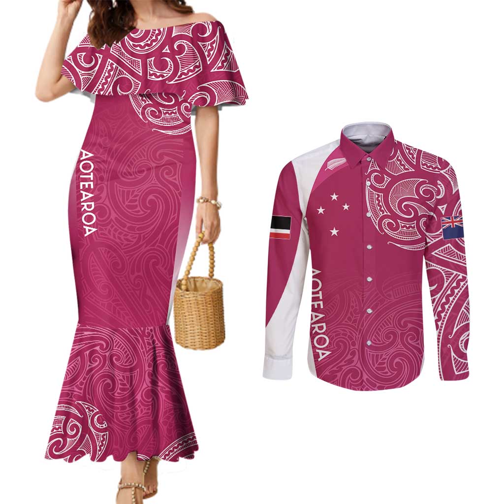 Personalised New Zealand Rugby Couples Matching Mermaid Dress and Long Sleeve Button Shirt Aotearoa Champions - Pink Version
