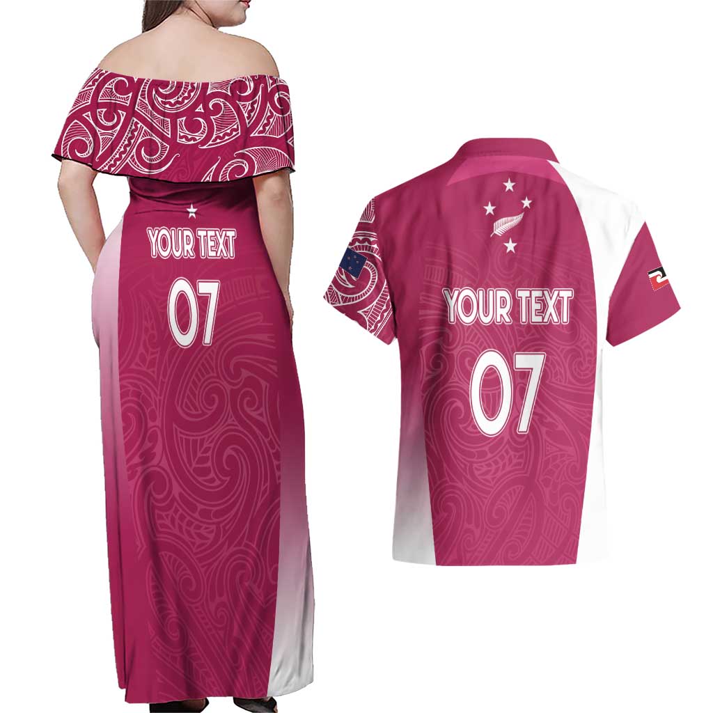 Personalised New Zealand Rugby Couples Matching Off Shoulder Maxi Dress and Hawaiian Shirt Aotearoa Champions - Pink Version