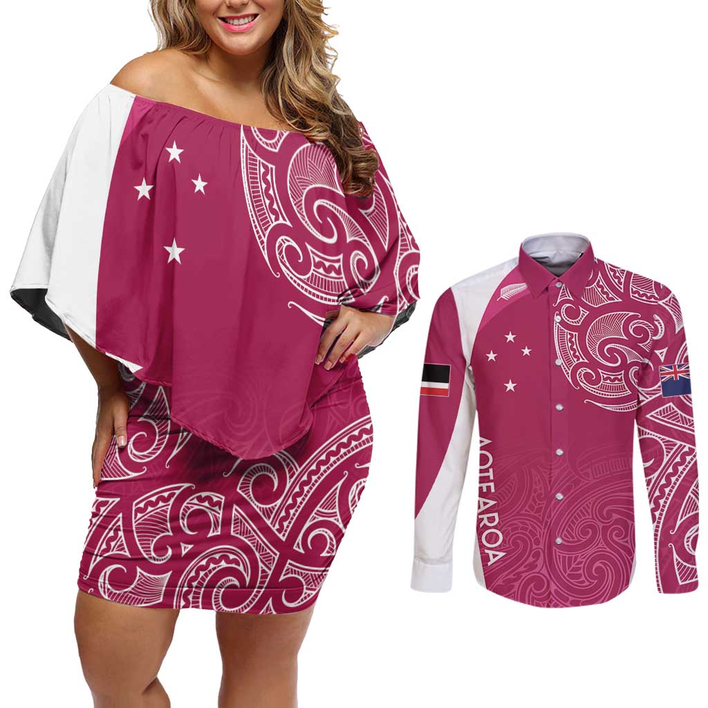 Personalised New Zealand Rugby Couples Matching Off Shoulder Short Dress and Long Sleeve Button Shirt Aotearoa Champions - Pink Version
