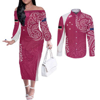 Personalised New Zealand Rugby Couples Matching Off The Shoulder Long Sleeve Dress and Long Sleeve Button Shirt Aotearoa Champions - Pink Version