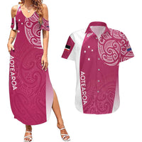 Personalised New Zealand Rugby Couples Matching Summer Maxi Dress and Hawaiian Shirt Aotearoa Champions - Pink Version