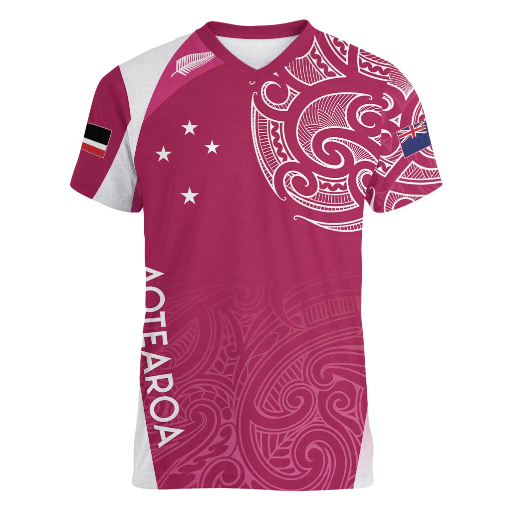 Personalised New Zealand Rugby Women V-Neck T-Shirt Aotearoa Champions - Pink Version