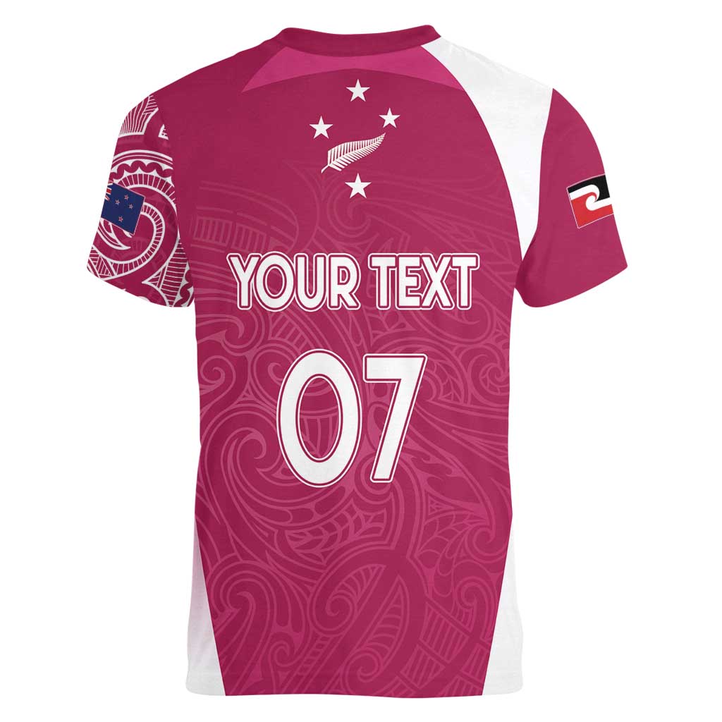 Personalised New Zealand Rugby Women V-Neck T-Shirt Aotearoa Champions - Pink Version