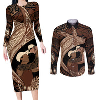 Father's Day Polynesian Pattern Couples Matching Long Sleeve Bodycon Dress and Long Sleeve Button Shirt Tropical Humpback Whale