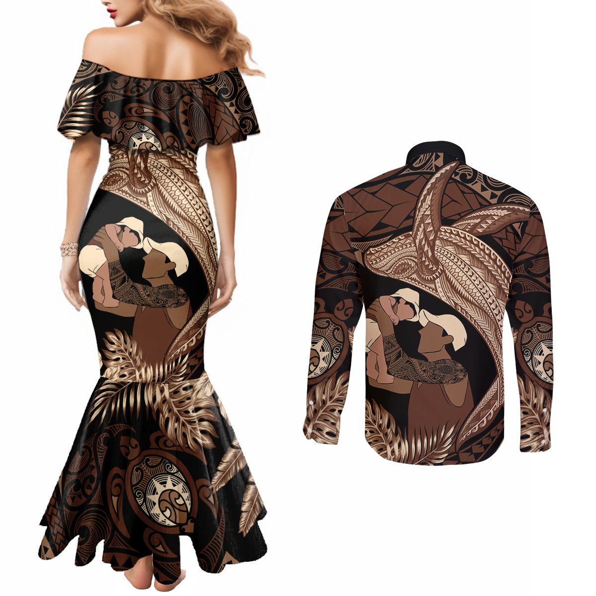 Father's Day Polynesian Pattern Couples Matching Mermaid Dress and Long Sleeve Button Shirt Tropical Humpback Whale