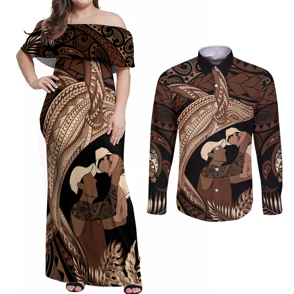Father's Day Polynesian Pattern Couples Matching Off Shoulder Maxi Dress and Long Sleeve Button Shirt Tropical Humpback Whale