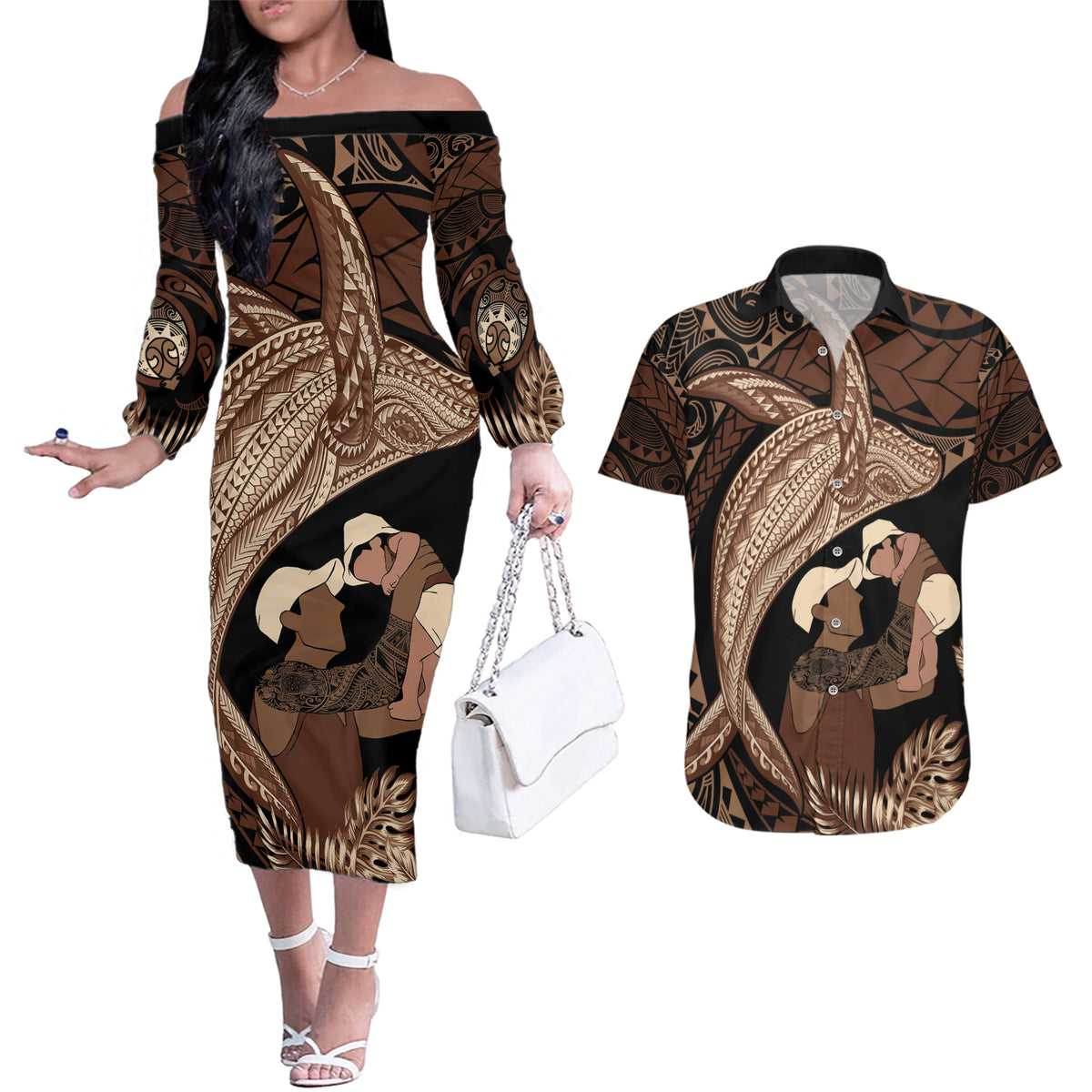Father's Day Polynesian Pattern Couples Matching Off The Shoulder Long Sleeve Dress and Hawaiian Shirt Tropical Humpback Whale