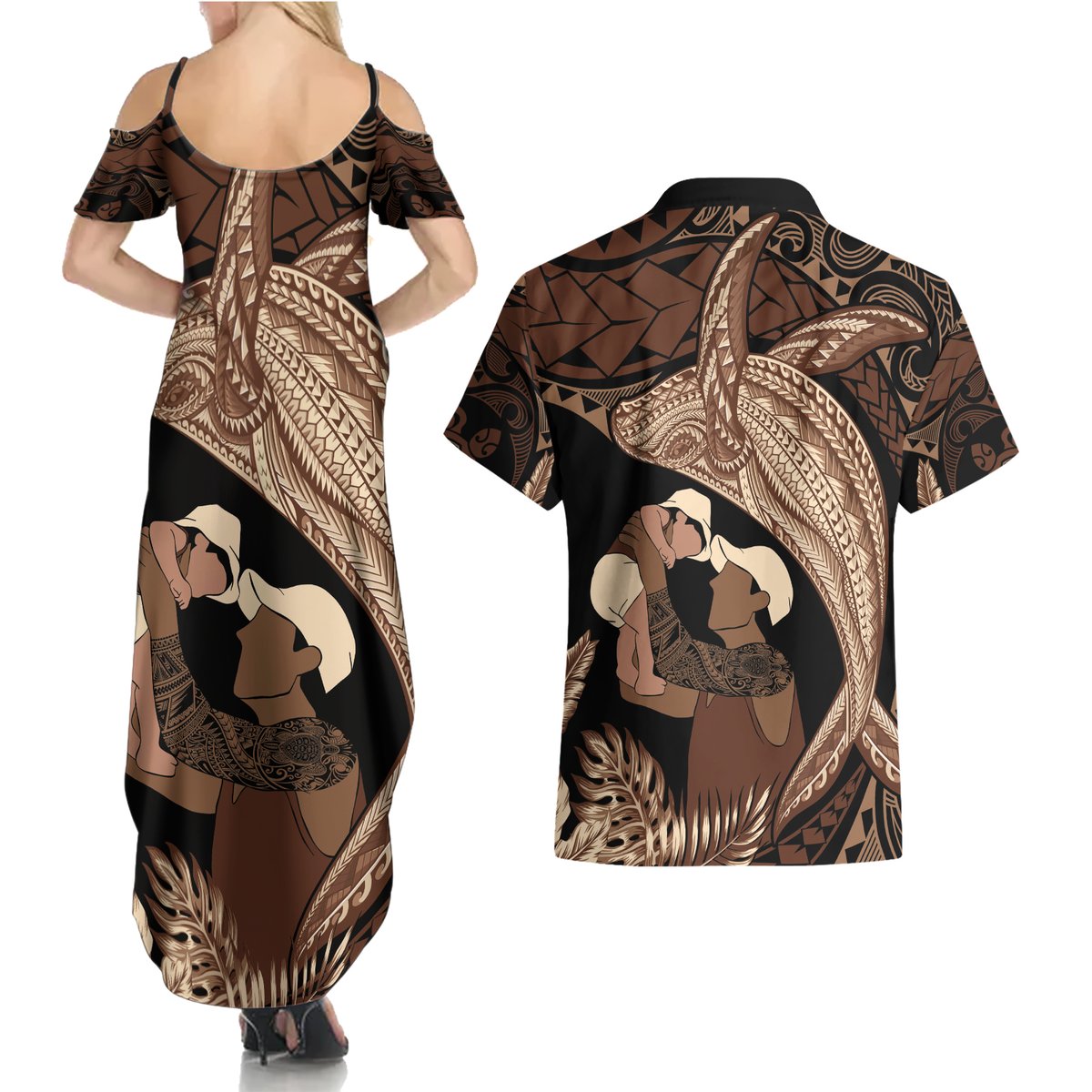 Father's Day Polynesian Pattern Couples Matching Summer Maxi Dress and Hawaiian Shirt Tropical Humpback Whale