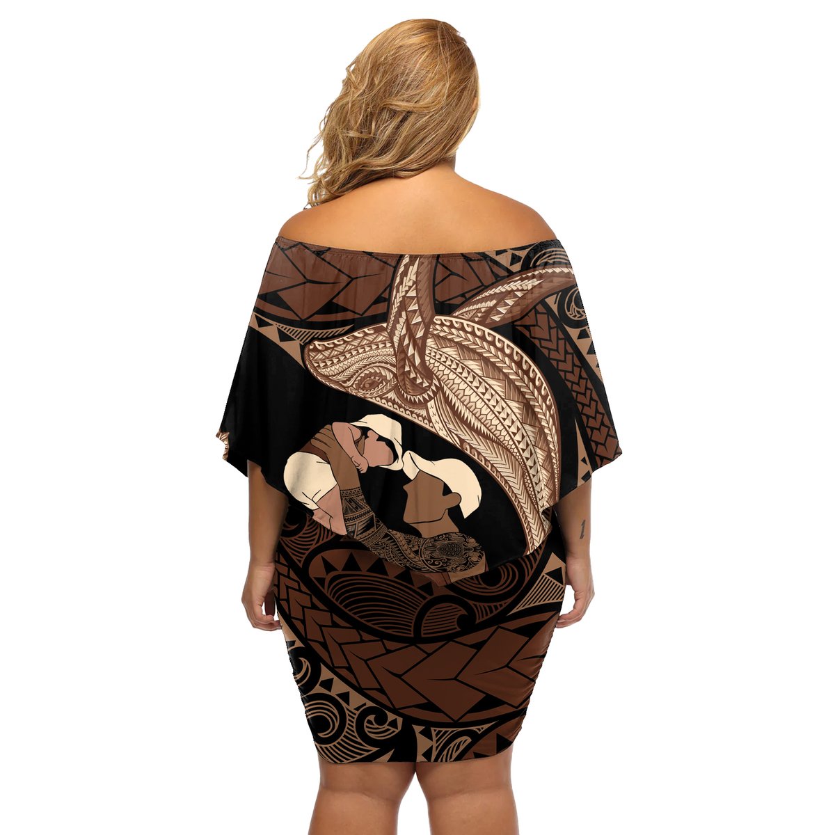 Father's Day Polynesian Pattern Off Shoulder Short Dress Tropical Humpback Whale