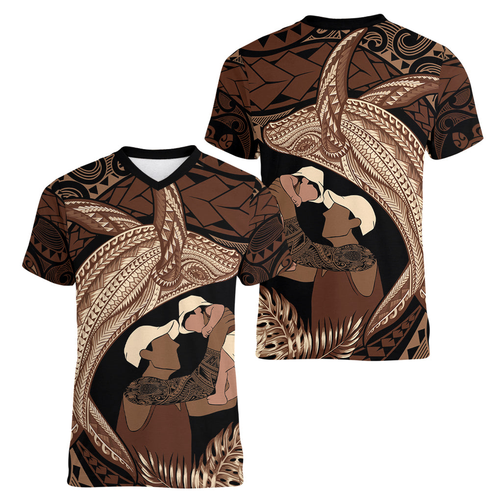 Father's Day Polynesian Pattern Women V-Neck T-Shirt Tropical Humpback Whale