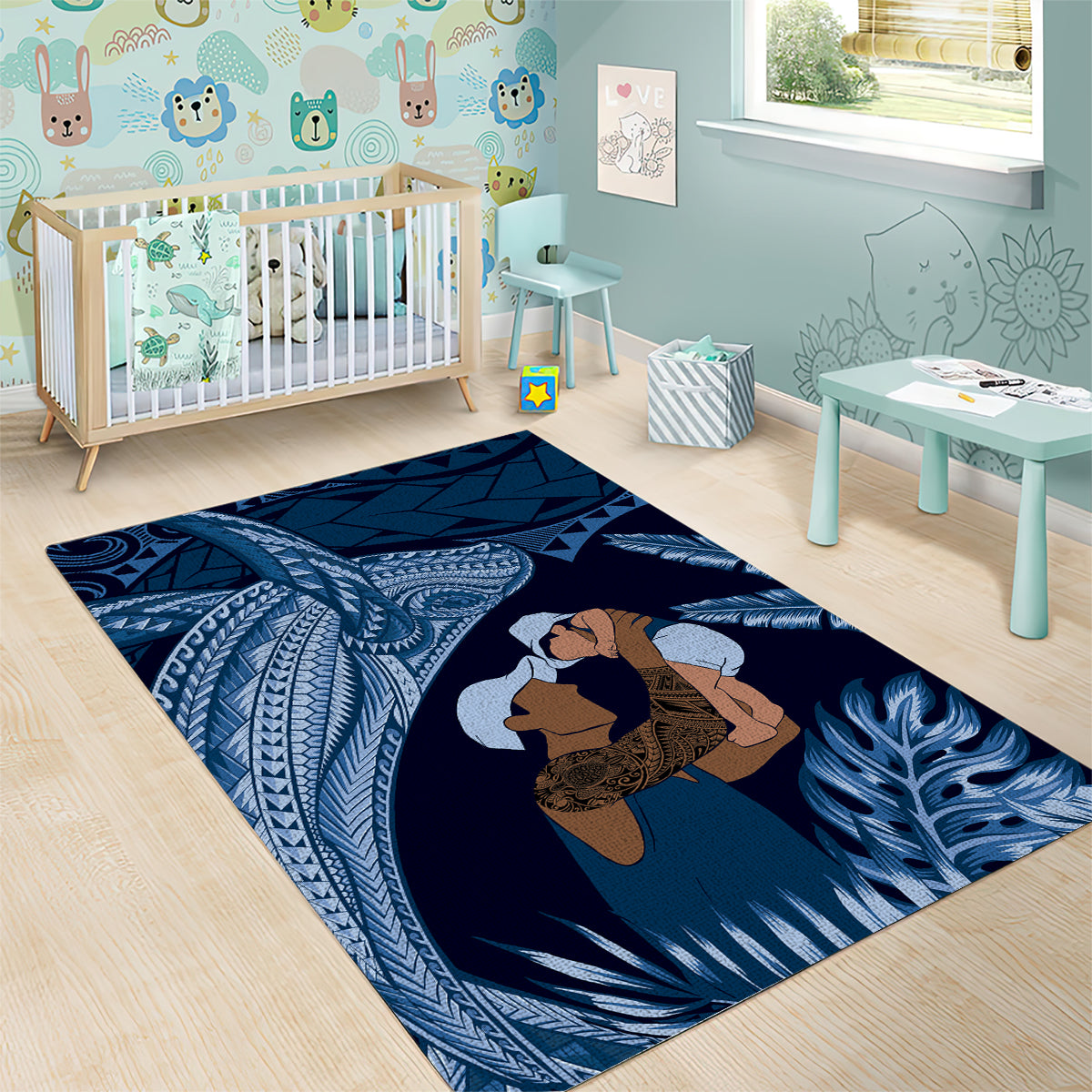 Father's Day Polynesian Pattern Area Rug Tropical Humpback Whale - Navy
