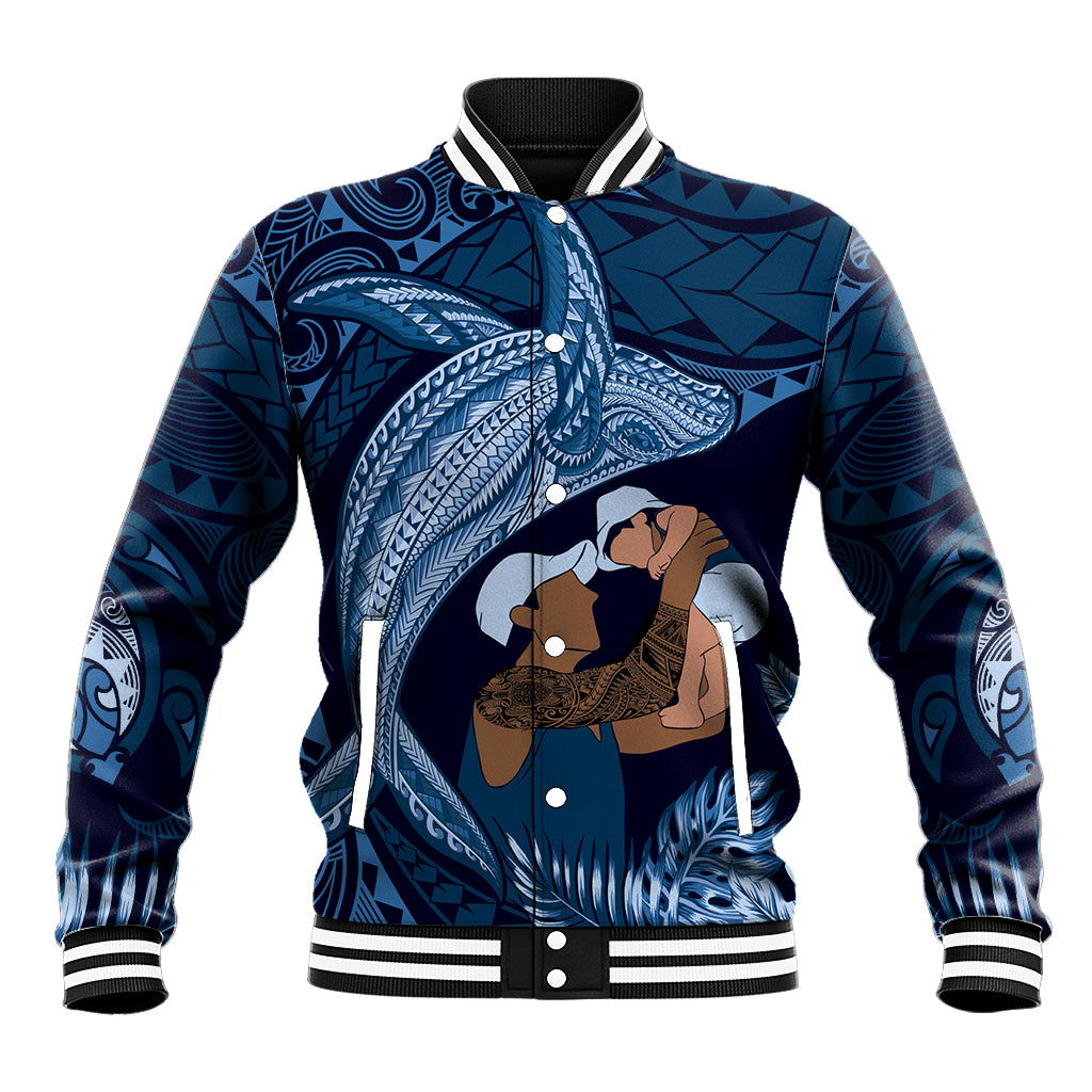 Father's Day Polynesian Pattern Baseball Jacket Tropical Humpback Whale - Navy