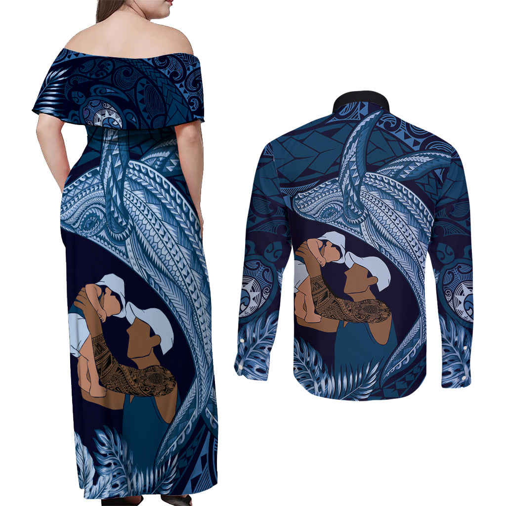 Father's Day Polynesian Pattern Couples Matching Off Shoulder Maxi Dress and Long Sleeve Button Shirt Tropical Humpback Whale - Navy
