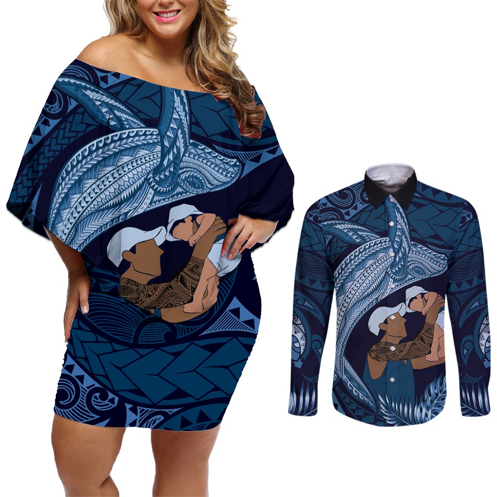 Father's Day Polynesian Pattern Couples Matching Off Shoulder Short Dress and Long Sleeve Button Shirt Tropical Humpback Whale - Navy