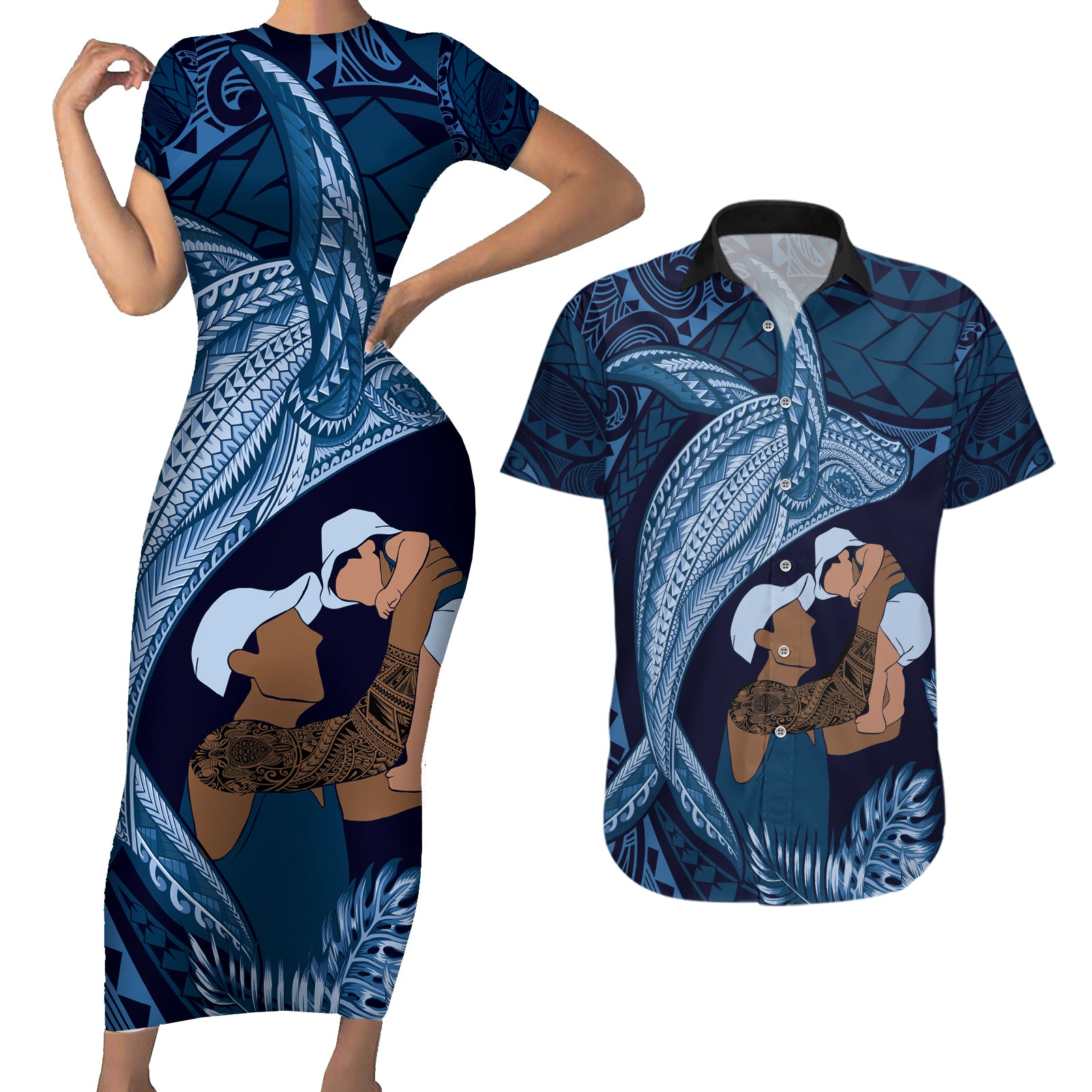 Father's Day Polynesian Pattern Couples Matching Short Sleeve Bodycon Dress and Hawaiian Shirt Tropical Humpback Whale - Navy