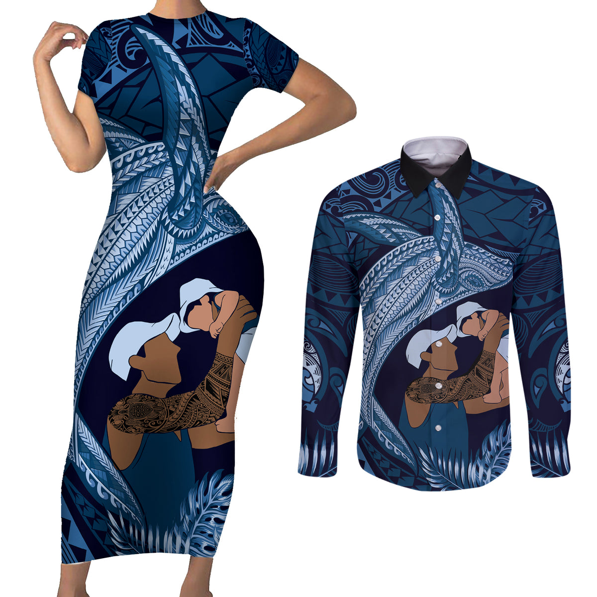 Father's Day Polynesian Pattern Couples Matching Short Sleeve Bodycon Dress and Long Sleeve Button Shirt Tropical Humpback Whale - Navy