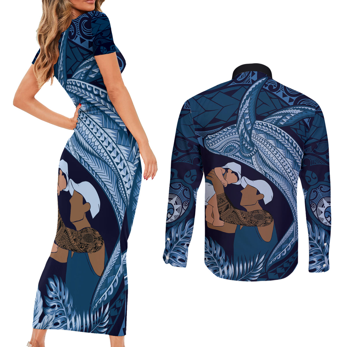 Father's Day Polynesian Pattern Couples Matching Short Sleeve Bodycon Dress and Long Sleeve Button Shirt Tropical Humpback Whale - Navy