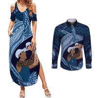 Father's Day Polynesian Pattern Couples Matching Summer Maxi Dress and Long Sleeve Button Shirt Tropical Humpback Whale - Navy