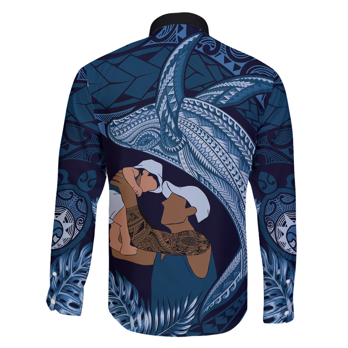 Father's Day Polynesian Pattern Family Matching Mermaid Dress and Hawaiian Shirt Tropical Humpback Whale - Navy