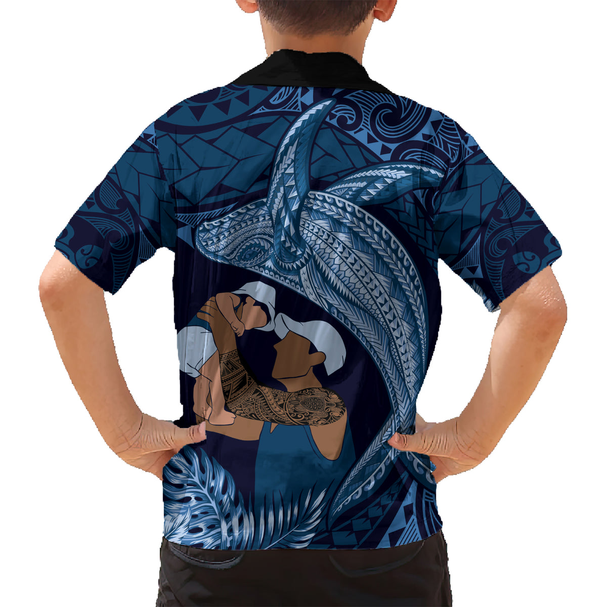 Father's Day Polynesian Pattern Family Matching Short Sleeve Bodycon Dress and Hawaiian Shirt Tropical Humpback Whale - Navy