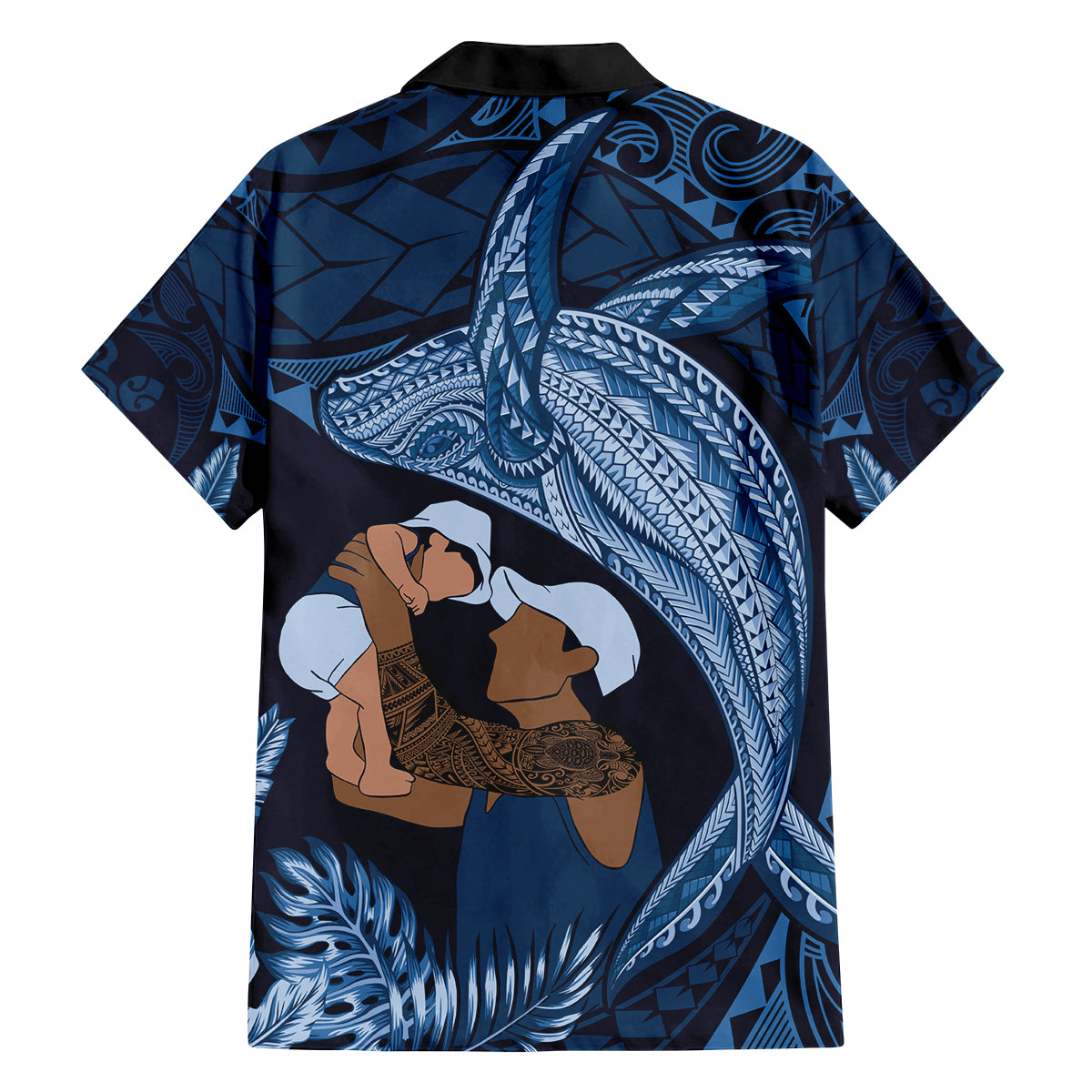 Father's Day Polynesian Pattern Family Matching Tank Maxi Dress and Hawaiian Shirt Tropical Humpback Whale - Navy