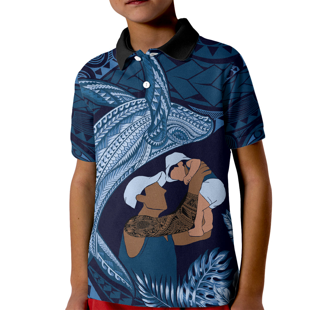 Father's Day Polynesian Pattern Kid Polo Shirt Tropical Humpback Whale - Navy