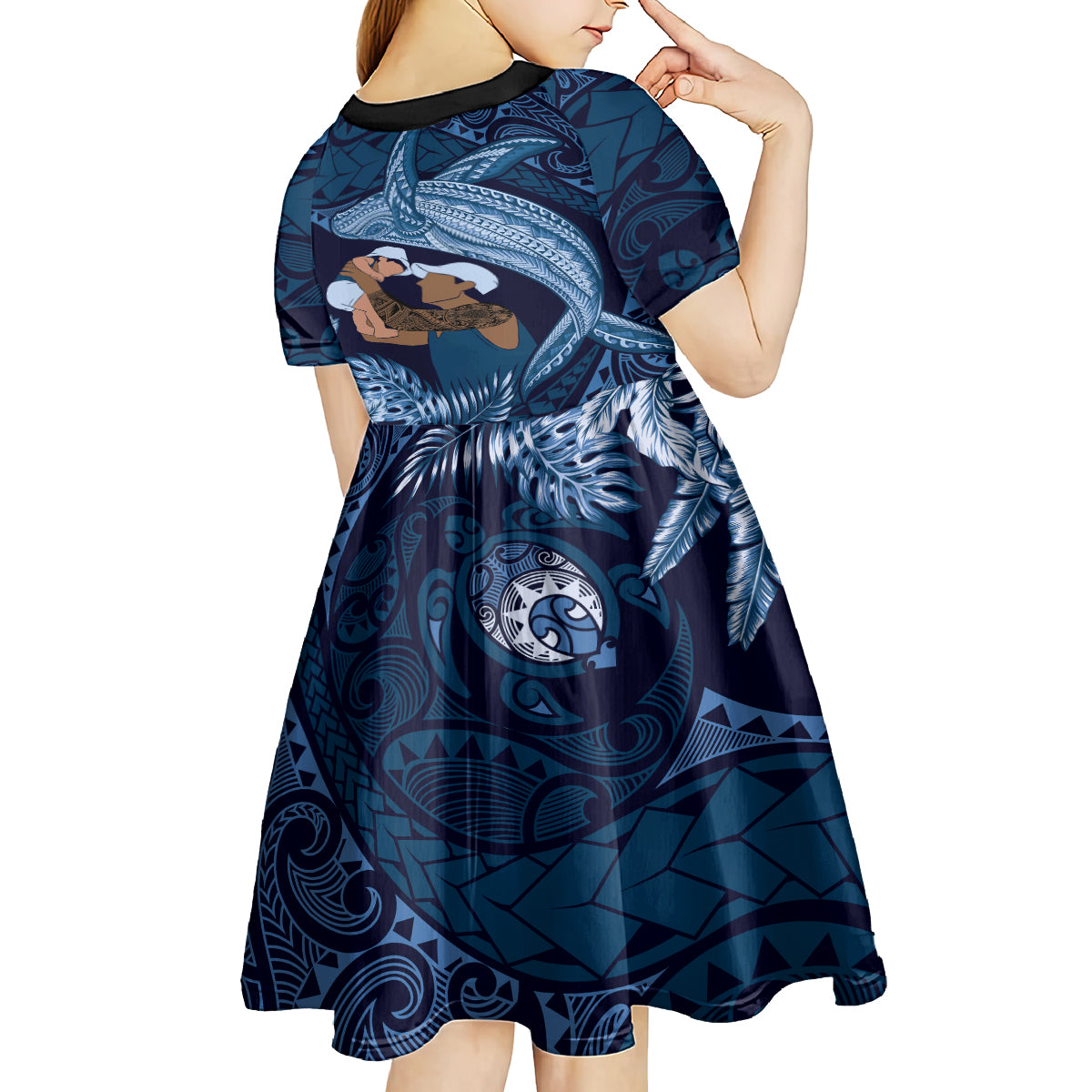 Father's Day Polynesian Pattern Kid Short Sleeve Dress Tropical Humpback Whale - Navy