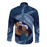 Father's Day Polynesian Pattern Long Sleeve Button Shirt Tropical Humpback Whale - Navy