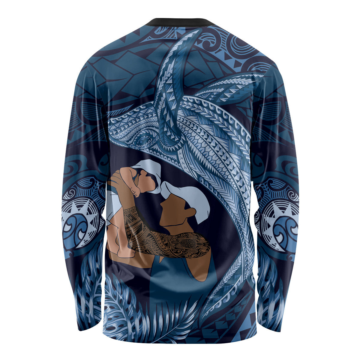 Father's Day Polynesian Pattern Long Sleeve Shirt Tropical Humpback Whale - Navy