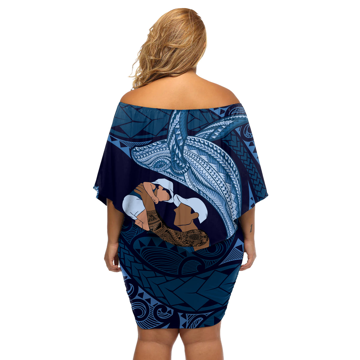 Father's Day Polynesian Pattern Off Shoulder Short Dress Tropical Humpback Whale - Navy