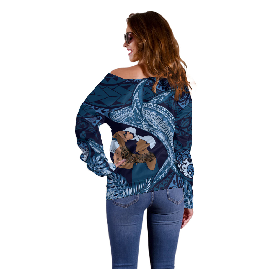 Father's Day Polynesian Pattern Off Shoulder Sweater Tropical Humpback Whale - Navy